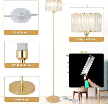 HMVPL Gold Floor Lamp for Living Room, Modern Floor Lamp with K9 Crystal Shade, Brass Standing Lamp with On/Off Switch,Mid Century Tall Lamp Crystal Pole Lamp for Bedroom Corner Office Nursery Reading