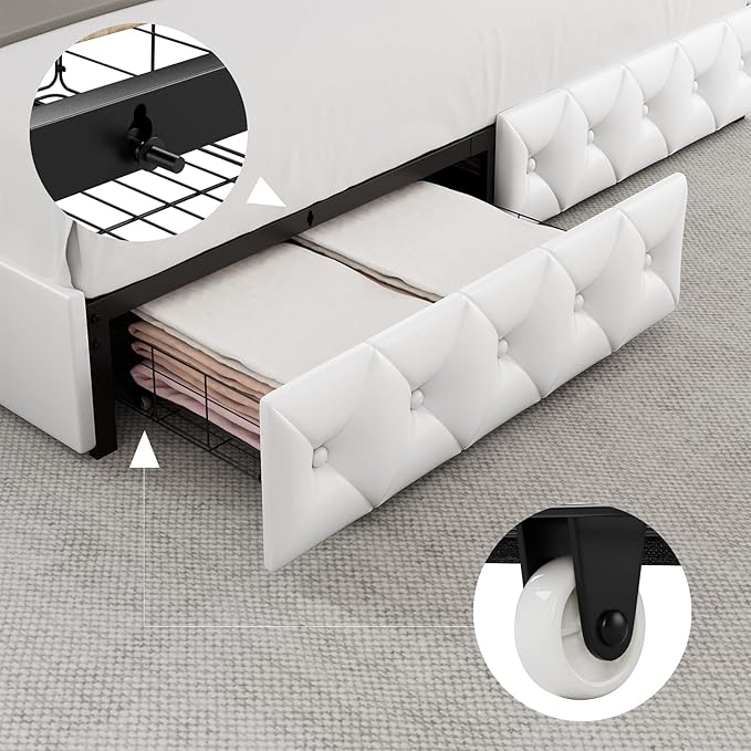 Keyluv Full Upholstered LED Bed Frame with 4 Drawers, Pu Leather Platform Storage Bed with Adjustable Button Tufted Headboard and Solid Wooden Slats Support, No Box Spring Needed, White