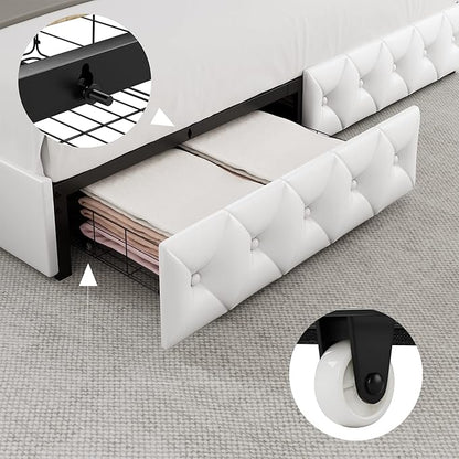 Keyluv Queen Upholstered LED Bed Frame with 4 Drawers, Pu Leather Platform Storage Bed with Adjustable Button Tufted Headboard and Solid Wooden Slats Support, No Box Spring Needed, White