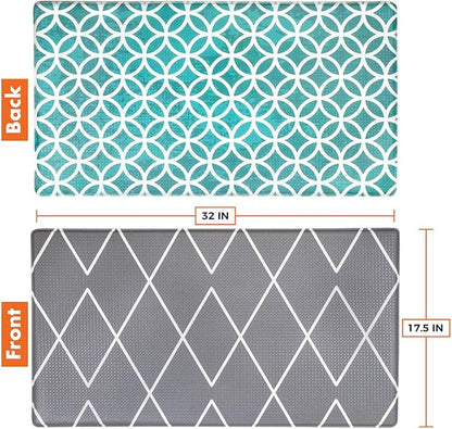 OPUX Anti Fatigue Kitchen Floor Mat, Reversible Cushioned Memory Foam Kitchen Rug Pad, Waterproof Non-Slip Padded Comfort Standing Mat Office Laundry Home, 32x17 (Geometric Teal Gray)