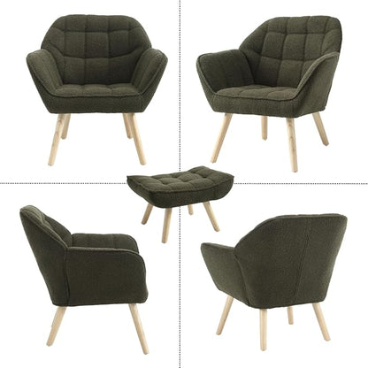 QUINJAY Modern Sherpa Accent Chair with Ottoman Set of 2, Fluffy Upholstered Lounge Chair with Footrest, Comfy Living Room Side Boucle Armchair for Small Space Bedroom, Green