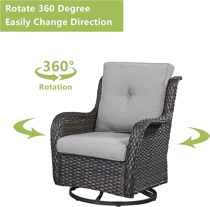 Rilyson Wicker Rocking Chair Swivel Chairs – 6 Piece Rocker Patio Furniture Set Rattan Rocking Bistro Sets with Glass Top Side Table for Outdoor Porch Deck Garden Backyard(Brown/Grey)