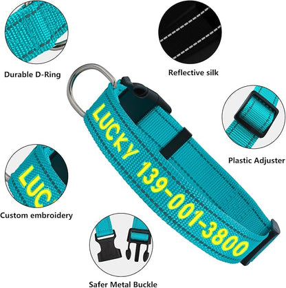Personalized Embroidered Dog Collar - Custom Hand-Stitched Name & Number, Reflective Adjustable Pet Collar for Small/Medium/Large Dogs & Cats, Durable Nylon with Steel D-Ring (Navy Blue, Medium)