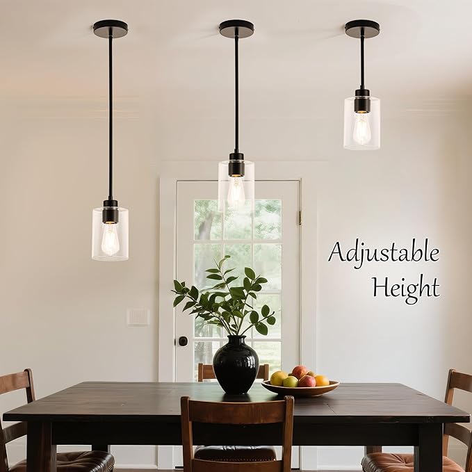 MAYNA 3-Pack Black Kitchen Island Lighting Over Table, Linear Industrial Chandelier with Glass Shades, Adjustable Rods Ceiling Lights for Kitchen, Breakfast Nook (Bulbs Included)