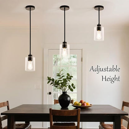 MAYNA 3-Pack Black Kitchen Island Lighting Over Table, Linear Industrial Chandelier with Glass Shades, Adjustable Rods Ceiling Lights for Kitchen, Breakfast Nook (Bulbs Included)