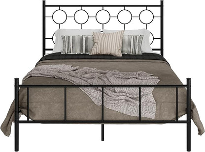 Queen Size Classic Metal Platform Bed Frame with Headboard and Footboard, Victorian Style Iron Bedframe with 12 inch of Storage Under Frame, Slat Support, No Springs Required, Easy to Assemble (Black)