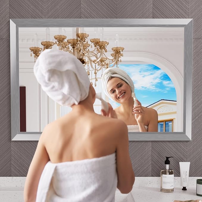 Amorho 48x32 Inch Bathroom Mirror Silver, Thick Metal Framed Wall Mirrors