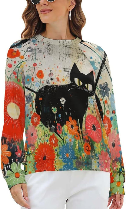 Long Sleeve Shirts for Women Cat Oil Painting Shirt 3D Graphic Sweatshirts Fall Pullover Crewneck Vintage Boho Tops