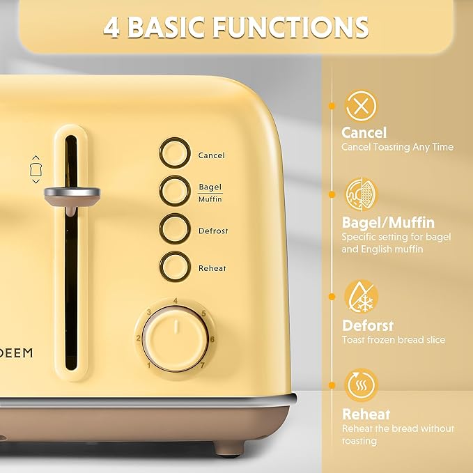 BUYDEEM DT640 Retro 4 Slice Toaster, 7 Shade Settings, Extra Wide 1.5'' Slots