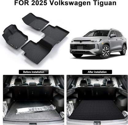 Floor Mats for 2025 Volkswagen Tiguan & Cargo Mat,TPE All Weather Protection Car 1st & 2nd Row Floor Liners with Trunk Mat Accessories