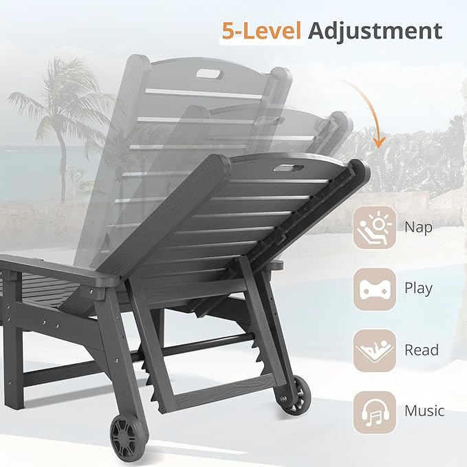 LUE BONA Outdoor Chaise Lounge Chairs Set of 4, HDPS Chaise Lounger, 5 Positions Adjustable Lounge Chairs, Pool Lounge Chair with Wheels for Poolside, Dark Gray