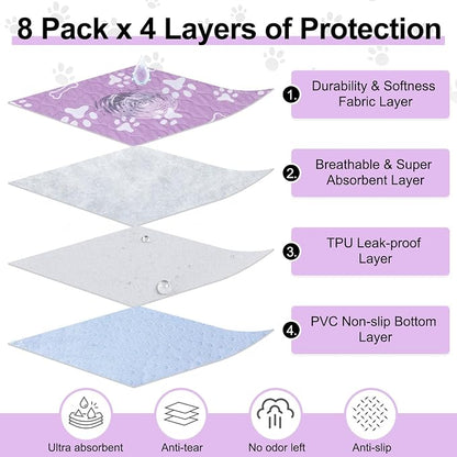 BEAUTYZOO 8 Pack Washable Pee Pads for Dogs,Reusable Puppy Pads 18x24 | Waterproof Super Absorbent,Non Slip and Leak-Proof Against Urine,Whelping Pads Mats for Puppy Potty Training,Playpen,Crate