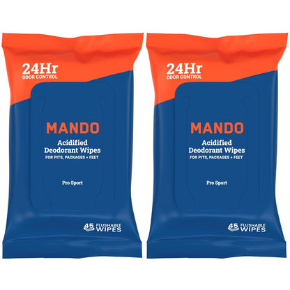 Mando Deodorant Wipes - 24 Hour Odor Control - Aluminum Free, Baking Soda Free, Skin Safe - 45 Count (2 Pack)
