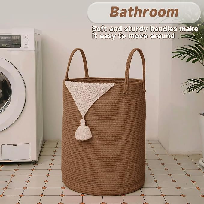 Large Woven Laundry Basket Hamper,100L Cotton Rope Storage Bin for Blankets,Toys and Clothes,Decorative Tall Nursery Hamper for Living Room,Baby Nursery,Bathroom and Bedroom,Golden Jute