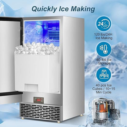 Commercial Ice Maker Machine 120 LBS/24H, 60 LBS Cold Preservation Bin
