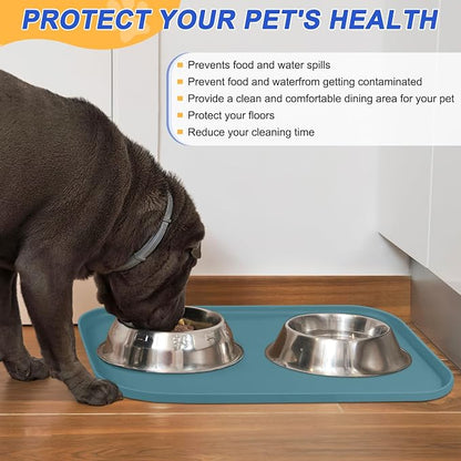 SMILOOL Waterproof Silicone Pet Food Mat with Raised Edge for Dog & Cat | 24" x 16" Non-Slip Pet Feeding Mats with Lip for Food & Water Bowl, Food Grade, Easy Cleaning, Salte Blue