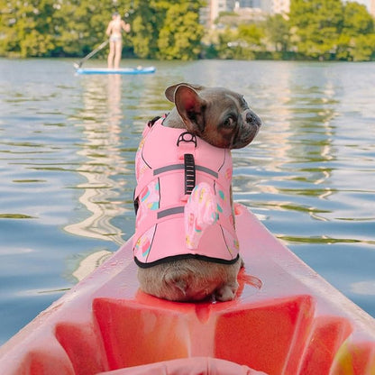 Dog Life Jacket High Flotation, Reflective, Adjustable Dog Life Preserver Rescue Handle, Spring Summer Pool for Small, Medium, Large Dogs (Pink Ice Cream, L)