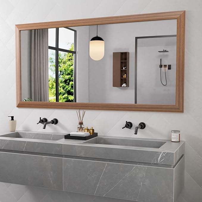 Amorho Bathroom Mirror, 60 X30 Inch Wall Mirror, Walnut Wood Grain Metal Framed