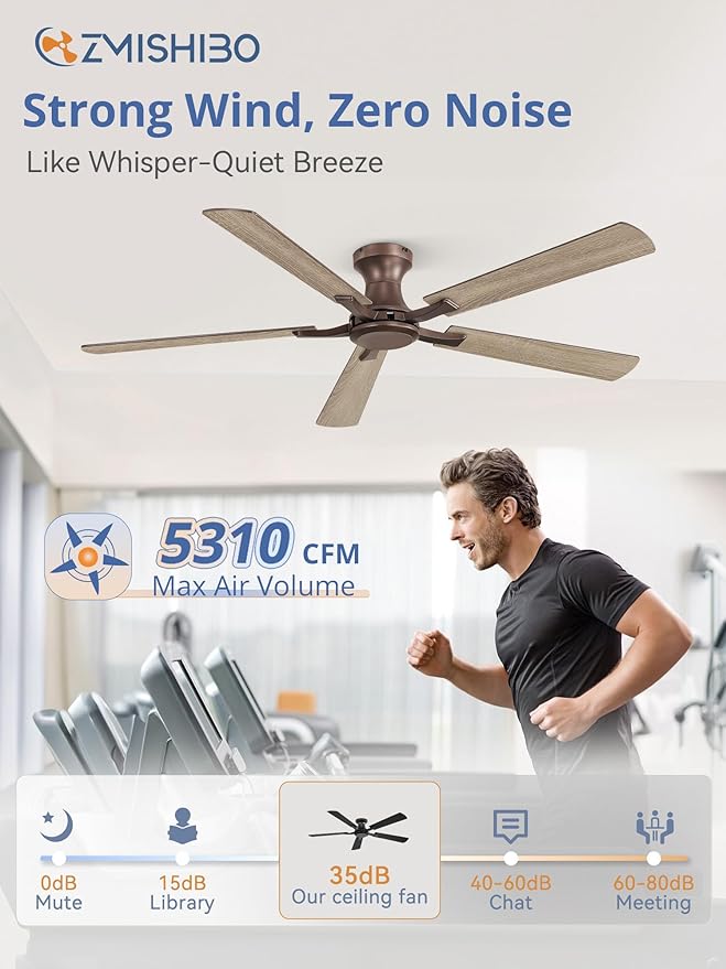 ZMISHIBO 60 Inch Ceiling Fan No Light, Flush Mount Low Profile, Farmhouse Brown