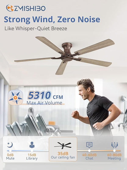 ZMISHIBO 60 Inch Ceiling Fan No Light, Flush Mount Low Profile, Farmhouse Brown