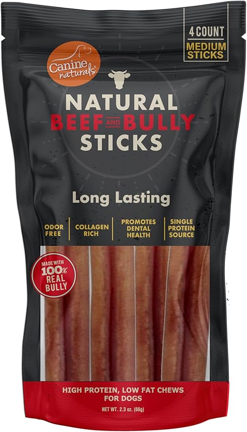 Canine Naturals | Natural Beef & Bully Sticks | Long-Lasting, Odor Free, High Protein Chews Made with 100% Real Bully | 4 Count Medium Sticks