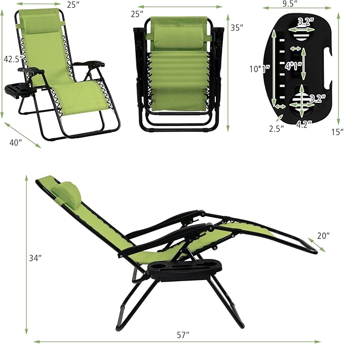 Tangkula Zero Gravity Chair, Folding Patio Lounge Chair Adjustable Outdoor Recliner with Cup Holder, Wide Armrest for Patio Garden Poolside Outdoor Yard Beach, Support 350 lbs (1, Green)
