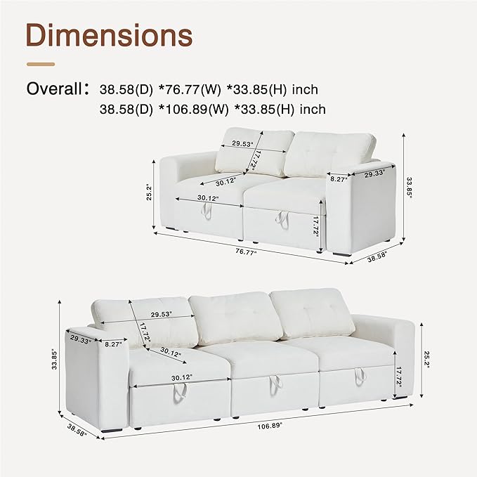 ORRD Modular Sectional Couch, Convertible Sofa with Storage, 3 Seater Sofa Modular with Reversible Chaise for Living Room, Office (Beige White)