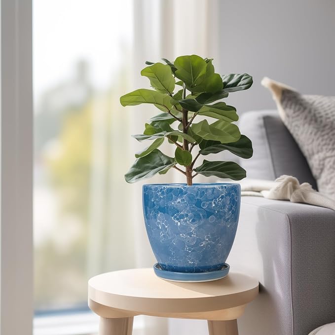 Ceramic Pots for Plants - 6.3 Inch Planter with Drainage Hole and Plant Tray, Decorative Succulent Pot, Round Flower Planter for Indoor, Garden Living Room Decor, Gifts for Plant Lovers, Blue