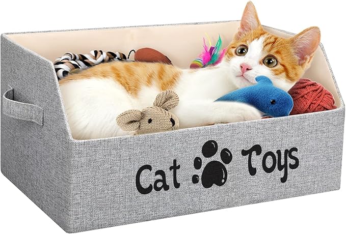 2X Thicker Large Cat Toy Bin Collapsible Cat Toy Box Sturdy Cat Toy Basket Kitten Toy Storage Bed for Organizing Cat Toys Treats Clothes and Accessories (Grey)
