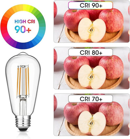 Vintage LED Edison Bulbs, 6W, Equivalent 60W, Dimmable, High Brightness Warm White 2700K, ST58 Antique LED Filament Bulbs with 90+ CRI, E26 Medium Base, Clear Glass, Pack of 16