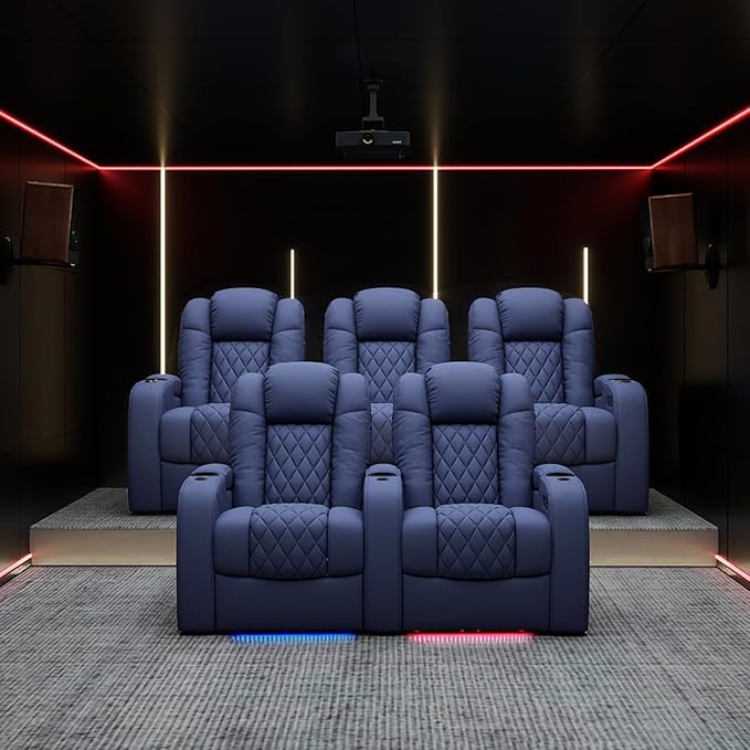 Weilianda Home Theater Seating Top Grain Leather Zero Gravity Recliner Chair Power Headrest Recline Movie Seat Gaming 7 Colors Mood Light Sofa with Tray Table USB Charge Row of 3 Blue
