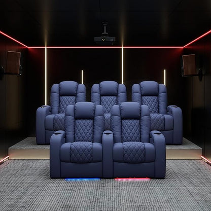Weilianda Home Theater Seating Top Grain Leather Zero Gravity Recliner Chair Power Headrest Recline Movie Seat Gaming 7 Colors Mood Light Sofa with Tray Table USB Charge Row of 4 Loveseat Right Blue