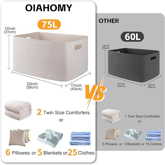 OIAHOMY 75L Large Blanket Basket, Woven Cotton Rope Baskets for Organizing, 22”x17”x12”, Blanket Basket living Room, Bedroom, Nursery, Dog Toy Storage Bins, White