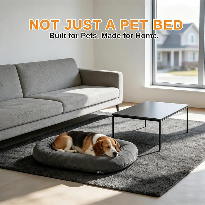 Washable Oval Small Dog Bed, Silver-Tipped High-Resilience, Dark Gray | Non-Slip Bottom Prevents Sliding,Soft Plush Short Fur,Machine Washable Cushion,Ideal for Crates & Small Spaces,23"x17"x2.8"