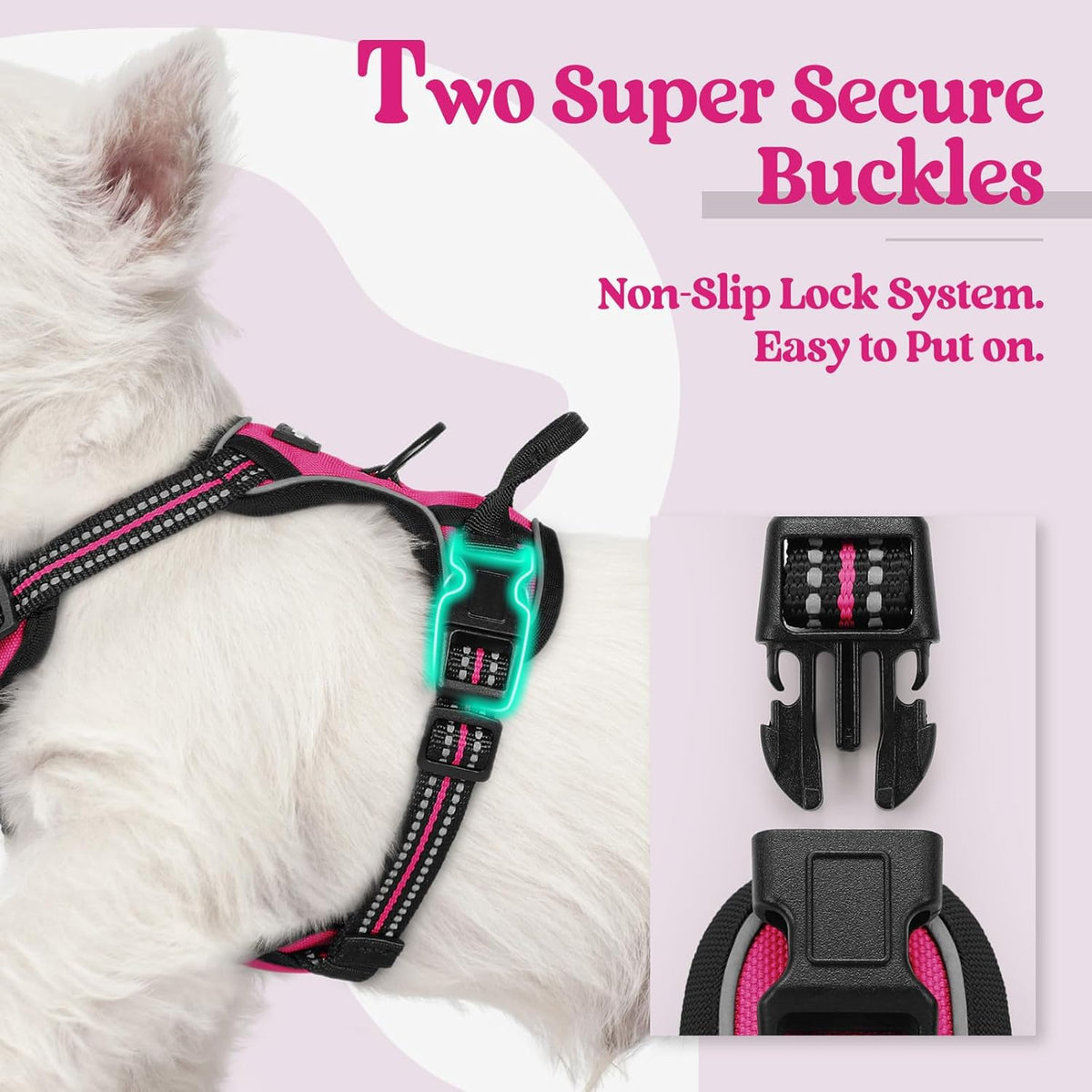rabbitgoo Dog Harness No Pull with 2 Leash Clips, Adjustable Soft Padded, Reflective Oxford No Choke Pet Vest with Easy Control Handle for Puppy, Hot Pink, XS