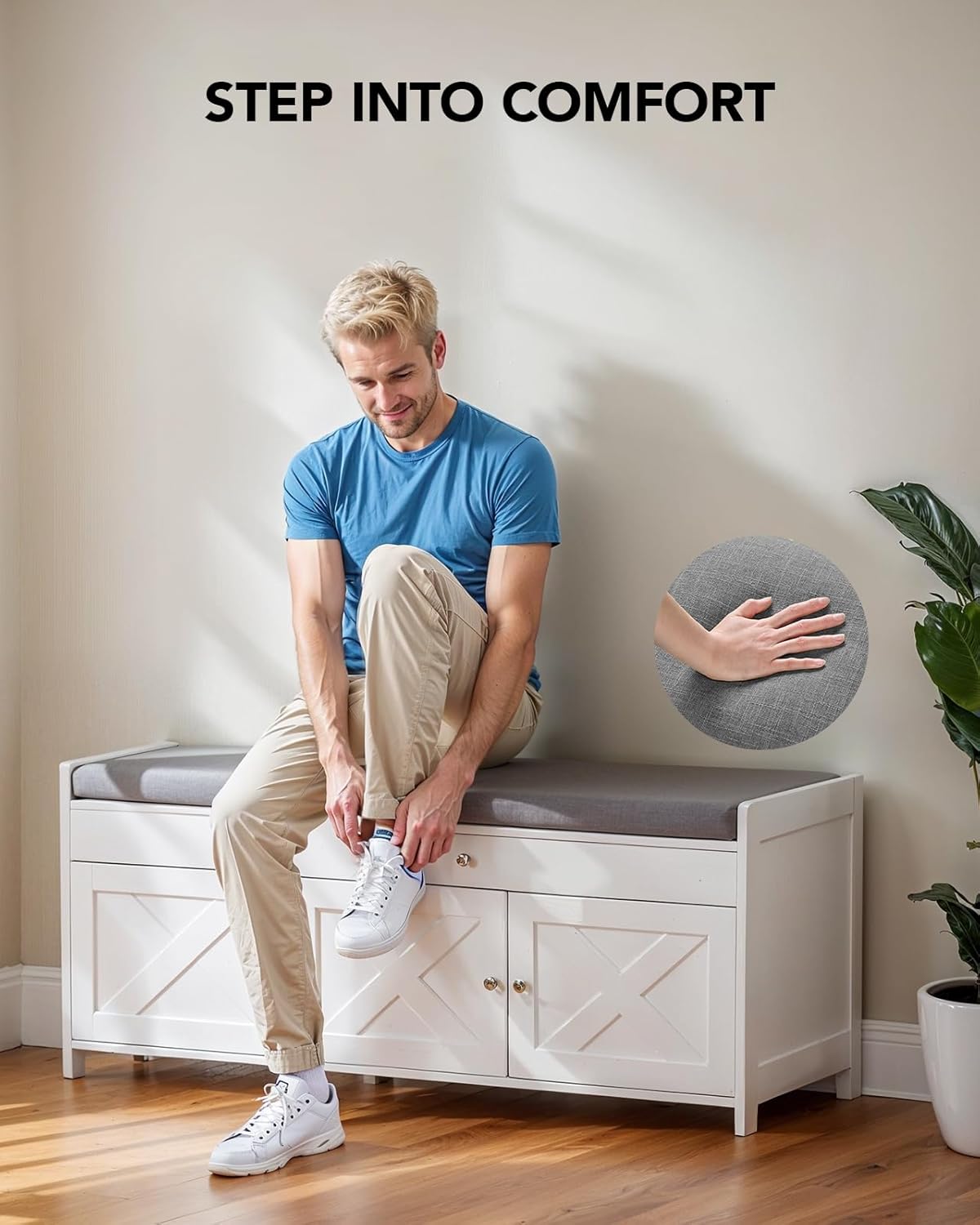 Amada Shoe Storage Bench, Entryway Bench with Cushioned Seat & Lift Top Storage, 3 Doors, Adjustable Shelf, 300 lbs Capacity, Bench with Shoe Rack for Entryway, Bedroom, Living Room, White