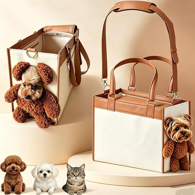 Teddy Bear Dog Carrier Bag, Teddy Carrier Bag for Dogs and Cats, Portable PU Leather Shoulder Tote with Plush Ears, Portable Convenient，White Brown Color Scheme L