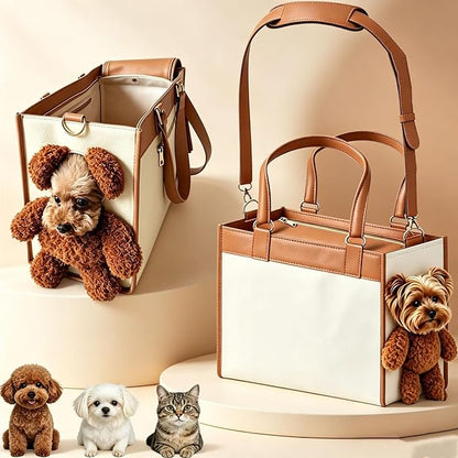 Teddy Bear Dog Carrier Bag, Teddy Carrier Bag for Dogs and Cats, Portable PU Leather Shoulder Tote with Plush Ears, Portable Convenient，White Brown Color Scheme L