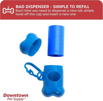 Downtown Pet Supply Poop Bags for Dogs with Dispenser, 180 Count - Leak-Proof Dog Waste Bags and Bone-Shaped Dog Poop Bags Holder for Leash - Blue, 12.5" x 8.5"