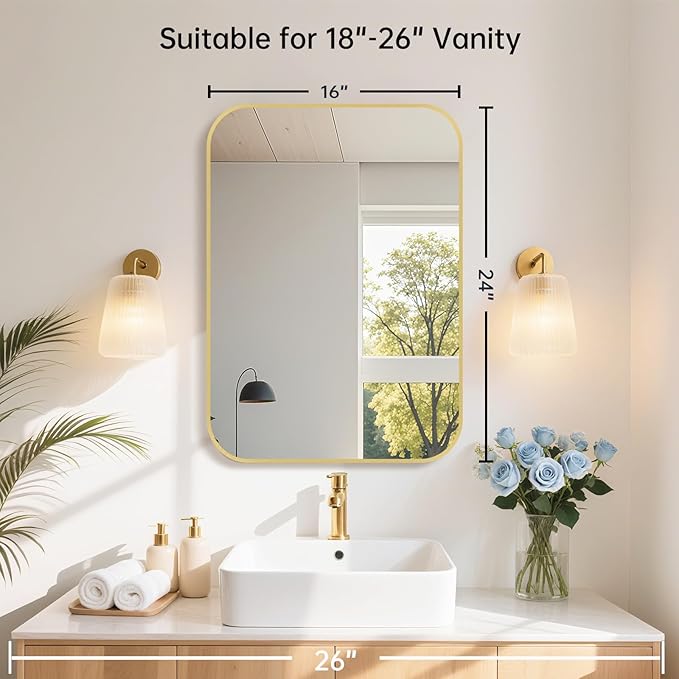 16x24 Inch Gold Bathroom Mirror, Brushed Brass Gold Metal Framed Rectangular
