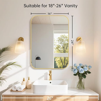 16x24 Inch Gold Bathroom Mirror, Brushed Brass Gold Metal Framed Rectangular