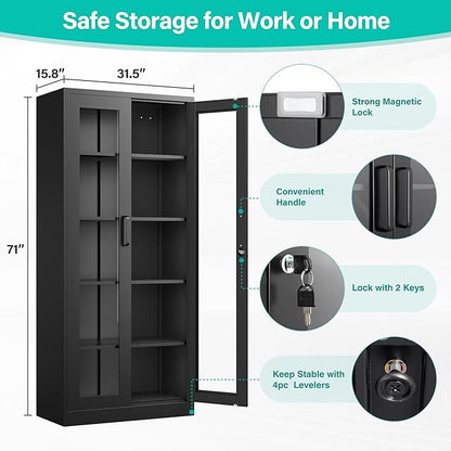 Metal Storage Cabinet with Lock and Glass Doors, Glass Display Cabinet