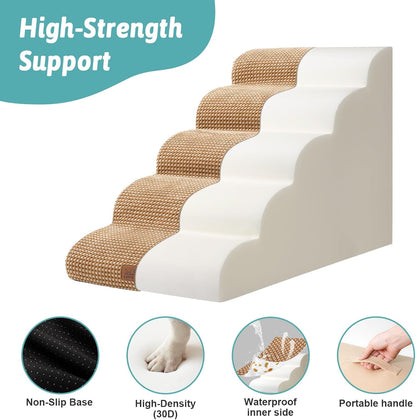 Extra Wide Dog Stairs 19.7" Width, Large Pet Step for Small Medium Dog, Puppy or Cat, Ramp for High Bed or Car, High Density Foam Ladder, Stable, 5 Step, 19.7x33x22.4 inch, Light Brown