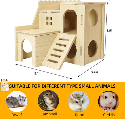 Tiny Hamster Maze Wood House with Slide House, Hamster Hideout Cage Accessories, for Dwarf Gerbils and Mouse Mice Rat Other Small Animals(Only Suitable for Hamsters)