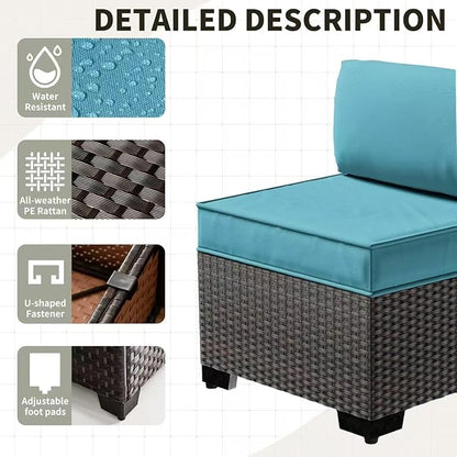 Gotland 7 Pieces Patio Furniture Set with 4’’ Thick Cushions, All-Weather PE Rattan Patio Set with 29.5'' High Backrest, Outdoor Furniture with Coffee Table for Porch Deck Garden Green Blue
