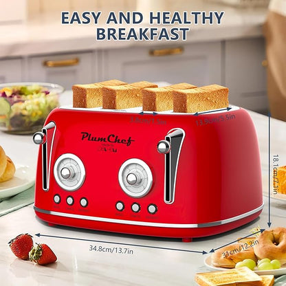 Plumchef 4 Slice Wide Slot Retro Style Toaster, Dual Control Toaster wtih Timer