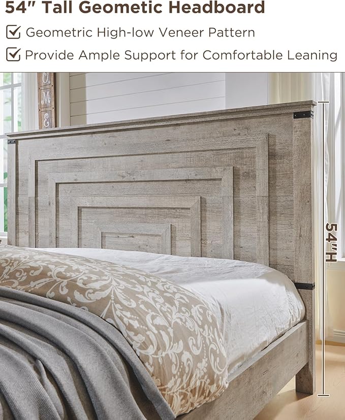 T4TREAM Farmhouse Queen Size Bed Frame with 54" Tall Geometric Headboard & 2 Large Storage Drawers, Rustic Wood Platform Bed with Wood Slats Support, No Box Spring Needed, Light Rustic Oak