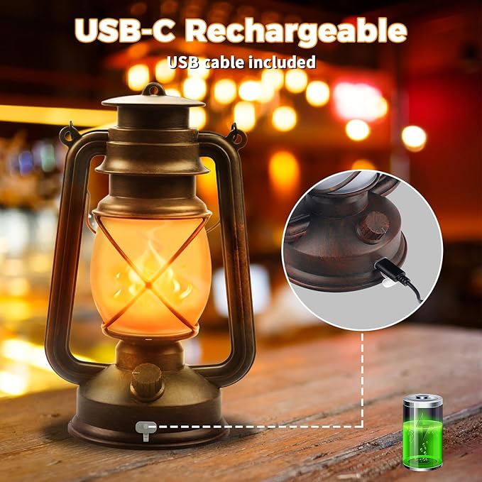 2 Pack Bronze Vintage 4 Modes Light LED Lanterns，Rechargeable Dancing Flame