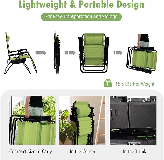 Tangkula Zero Gravity Chair, Folding Patio Lounge Chair Adjustable Outdoor Recliner with Cup Holder, Wide Armrest for Patio Garden Poolside Outdoor Yard Beach, Support 350 lbs (1, Green)