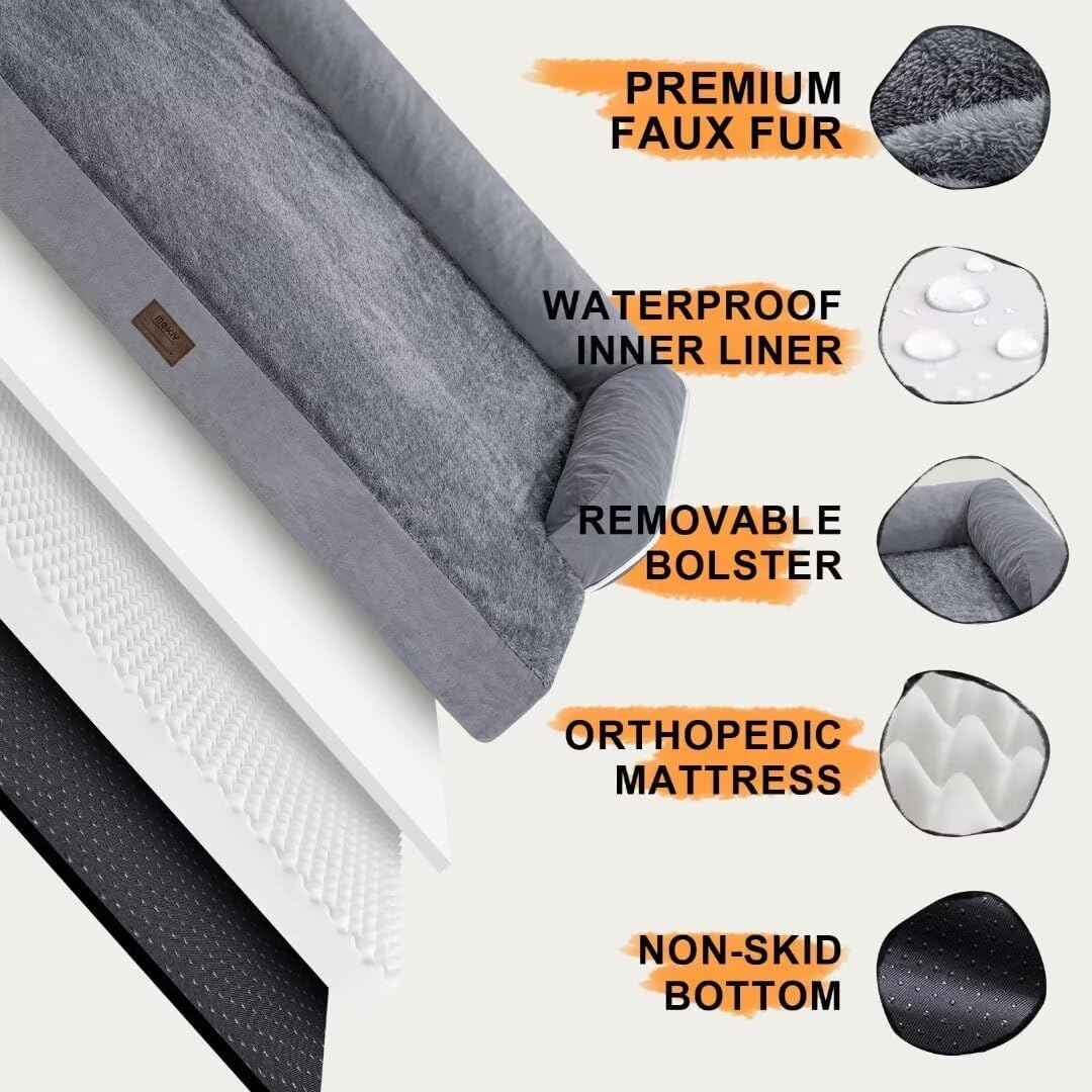 Large Dog Bed Orthopedic Washable, Big Large XXXLarge Dogs, Orthopedic Grey Extra Dog Bed with Waterproof Cover and Removable Egg Foam, Couch Bed Bolster